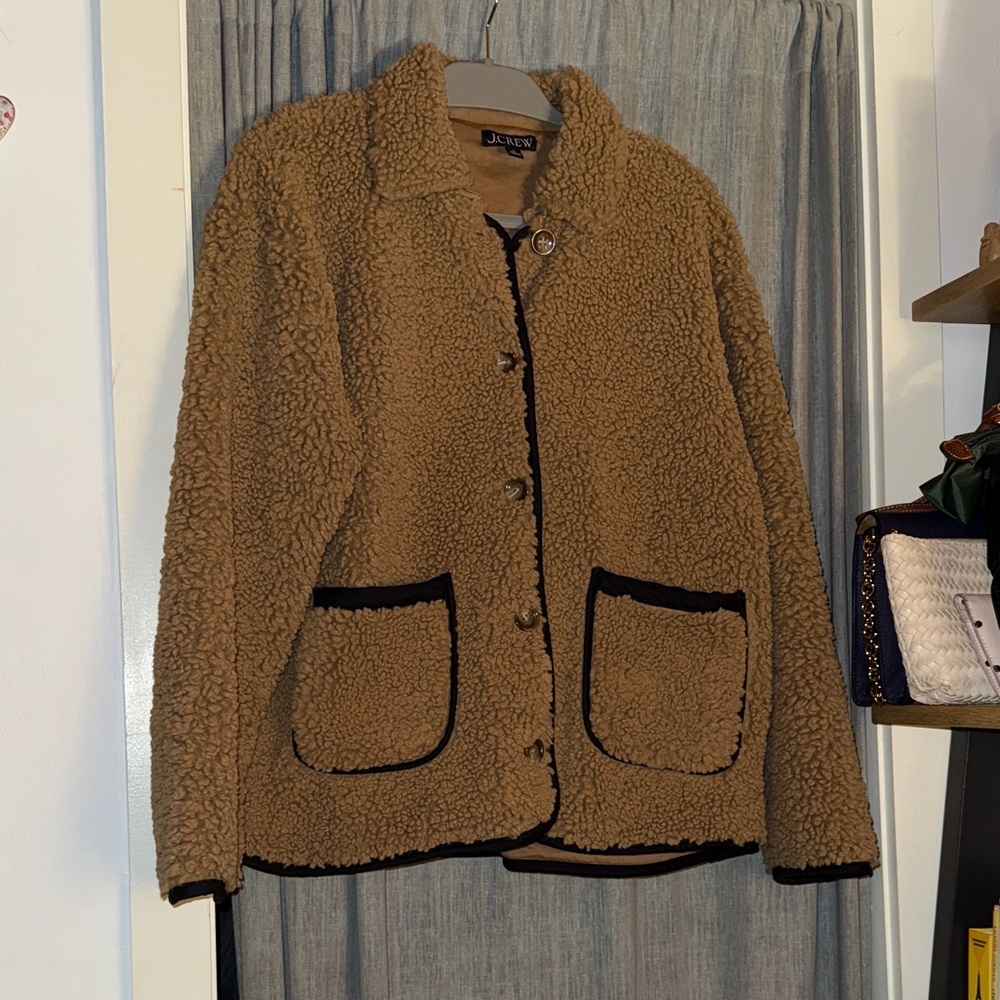 J. Crew Camel Teddy Barn Jacket with Black Trim